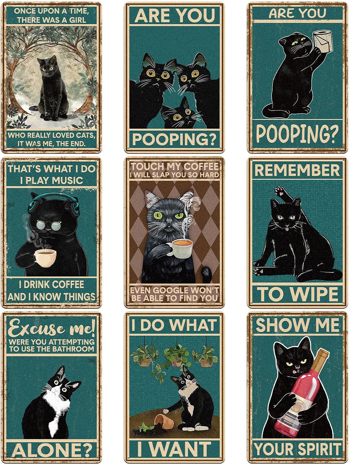 9 Pcs Retro Tin Sign Vintage Black Cat Bathroom Wall Decor Funny Are You Pooping Signs Cat Lovers Gift for Restroom Toilet Bathroom Apartment Home Bar 8 x 12 Inches