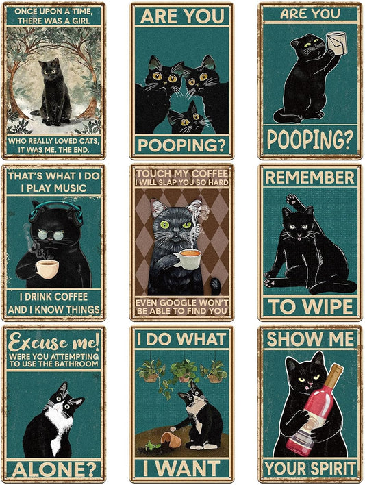 9 Pcs Retro Tin Sign Vintage Black Cat Bathroom Wall Decor Funny Are You Pooping Signs Cat Lovers Gift for Restroom Toilet Bathroom Apartment Home Bar 8 x 12 Inches