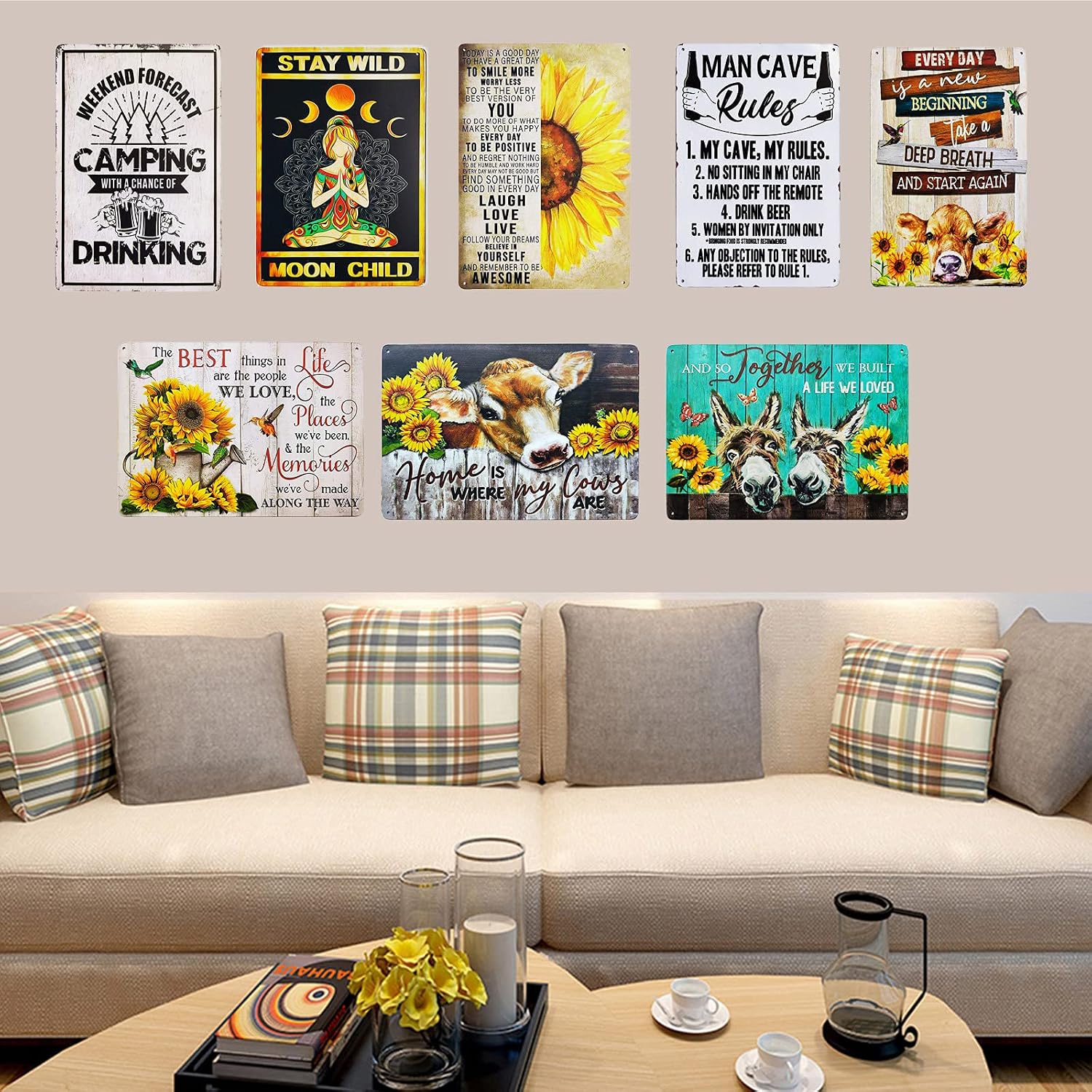 Vintage Sunflower Tin Signs Birds And Butterfly Funny Inspiration Quotes Farmhouse Home Wall Decor Metal Signs 8X12 Inch