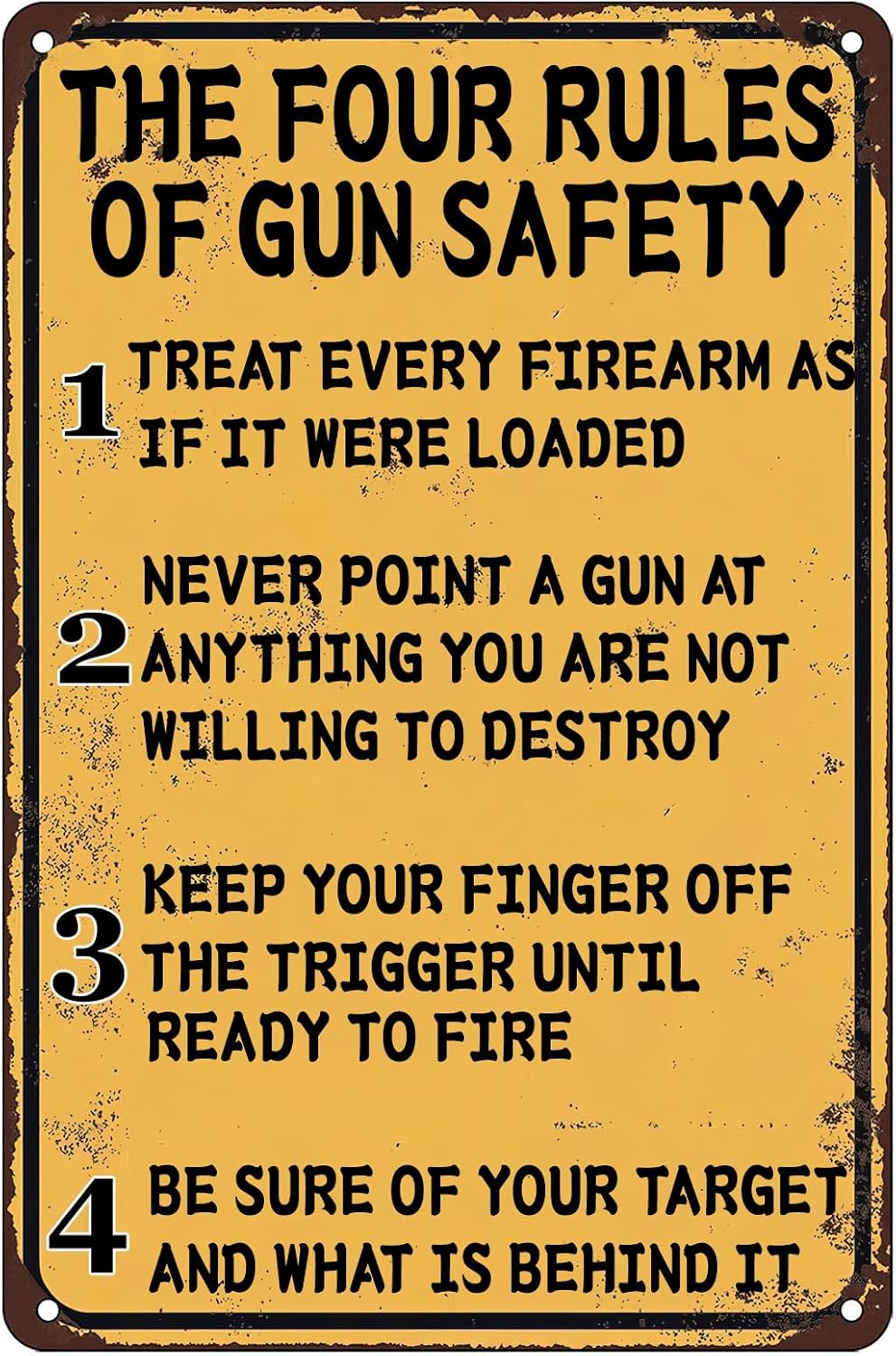 The Four Rules of Gun Safety Vintage Metal Sign Gun Room Decor Rustic Tin Signs Metal Poster for Home Garage Office Bar Cafe Pub Man Cave Gifts 12 x 8 Inch