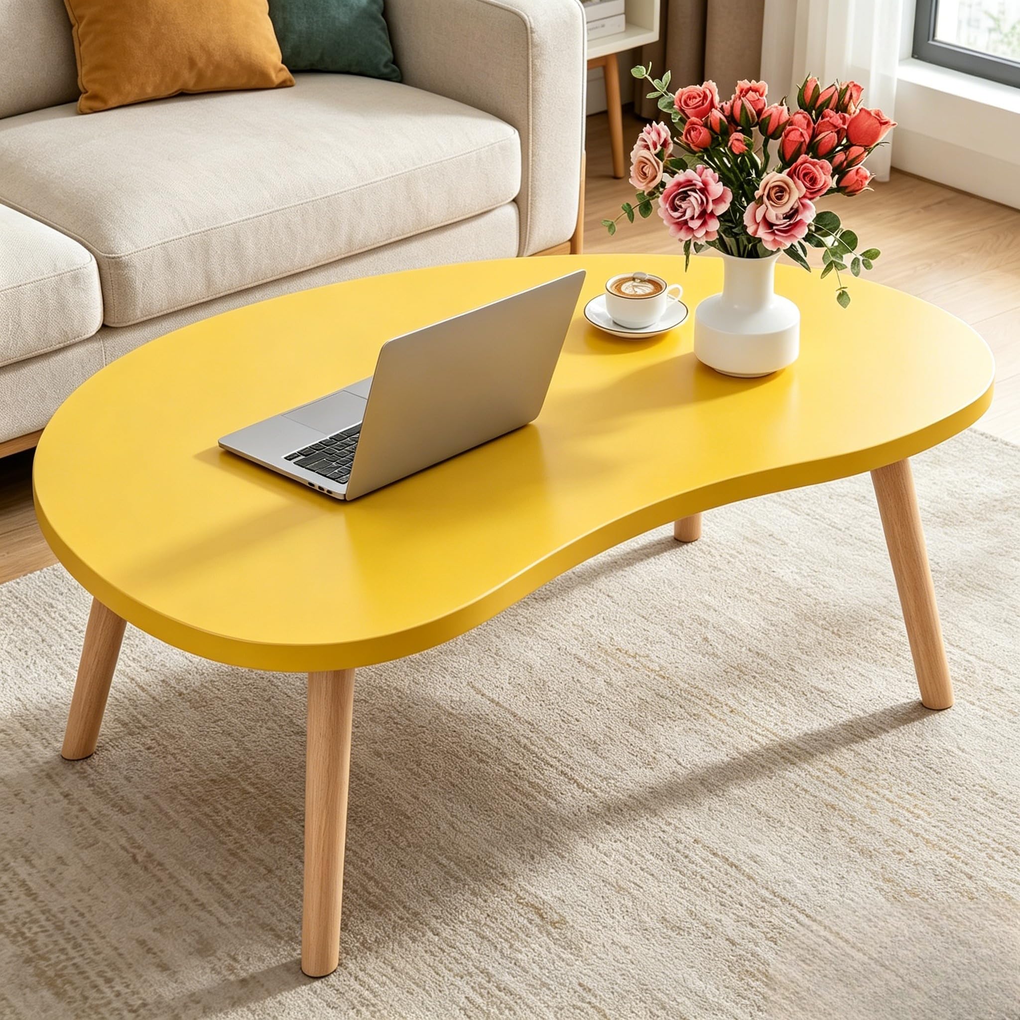 FAMIDGE Coffee Table, 23.6" Small Oval Coffee Tables for Small Space with 4 Solid Wood Leg, Floor Table Desk for Sitting on The Floor, Side Table Japanese Low Table for Living Room Apartment, Brown