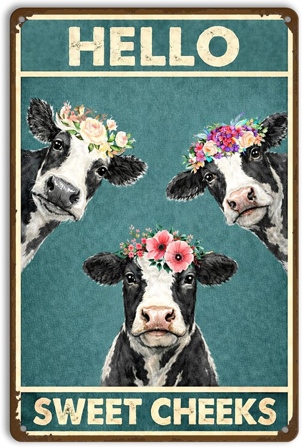 Bathroom Wall Decor Metal Tin Sign – Hello Sweet Cheeks Funny Cow Wall Art, Farmhouse Restroom Decor 12x8 Inch