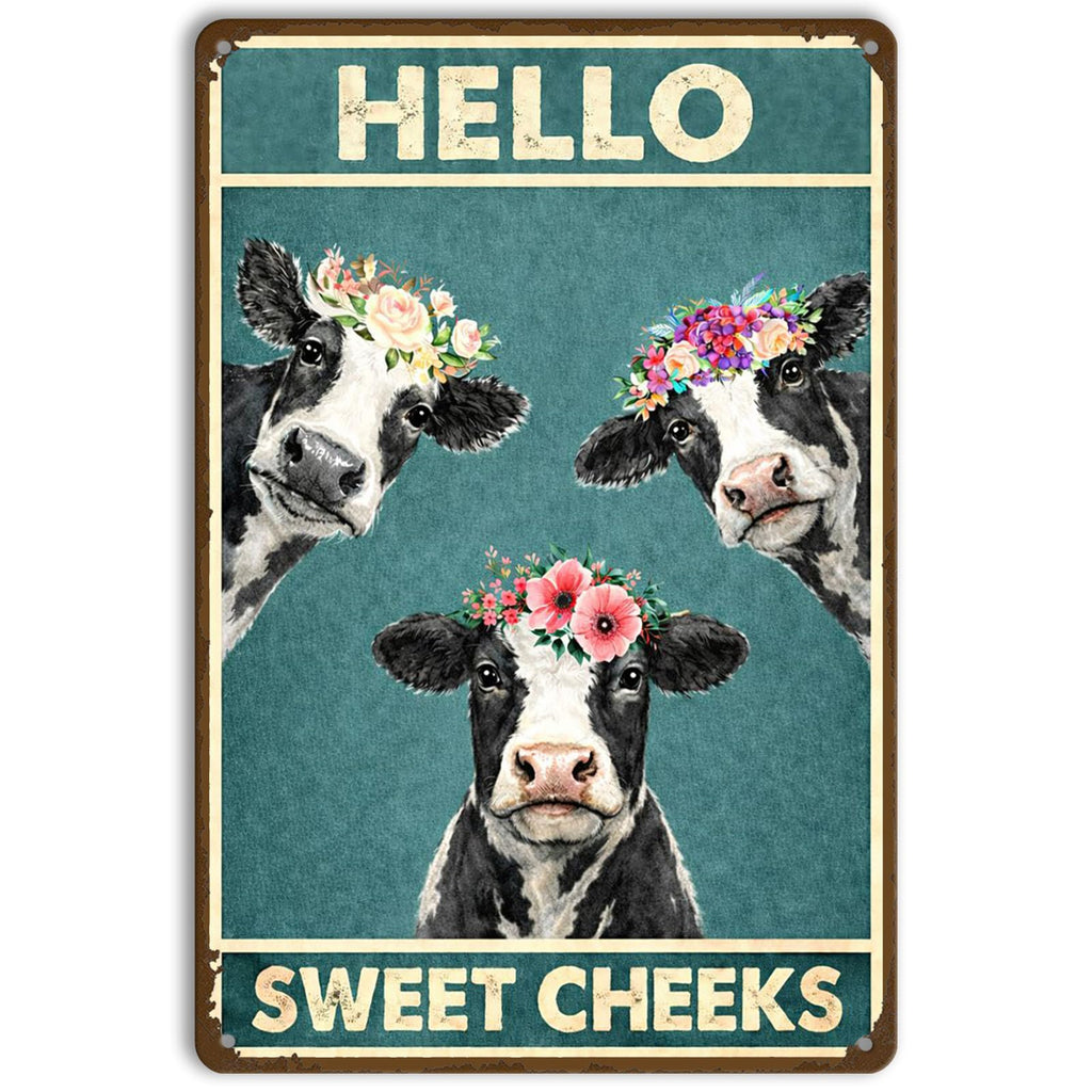 Bathroom Wall Decor Metal Tin Sign – Hello Sweet Cheeks Funny Cow Wall Art, Farmhouse Restroom Decor 12x8 Inch