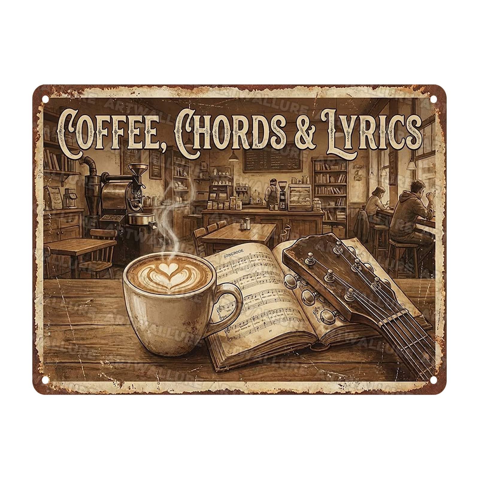 Acoustic Guitar Metal Tin Sign Nature Scenery Music Decor Vintage Wall Art Gift for Guitar Player Camping Lover 8x12Inch