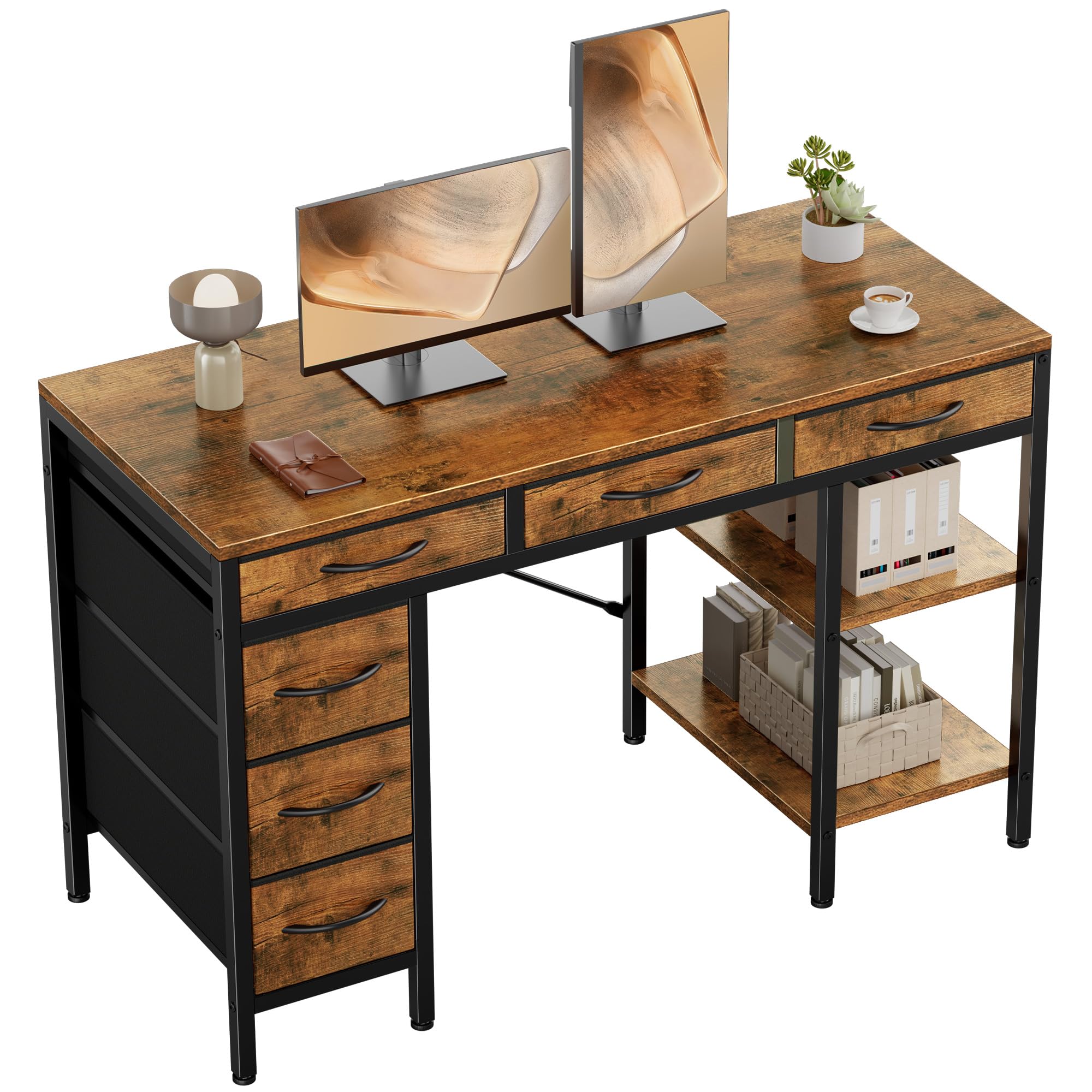 OLIXIS Computer desk with 6 Drawers, 55 inch Office workstation with Storage Shelves, Reversible Gaming setup, Corner table with Storage Drawers, Work for Home Office, Study, Living Room, Rustic Brown