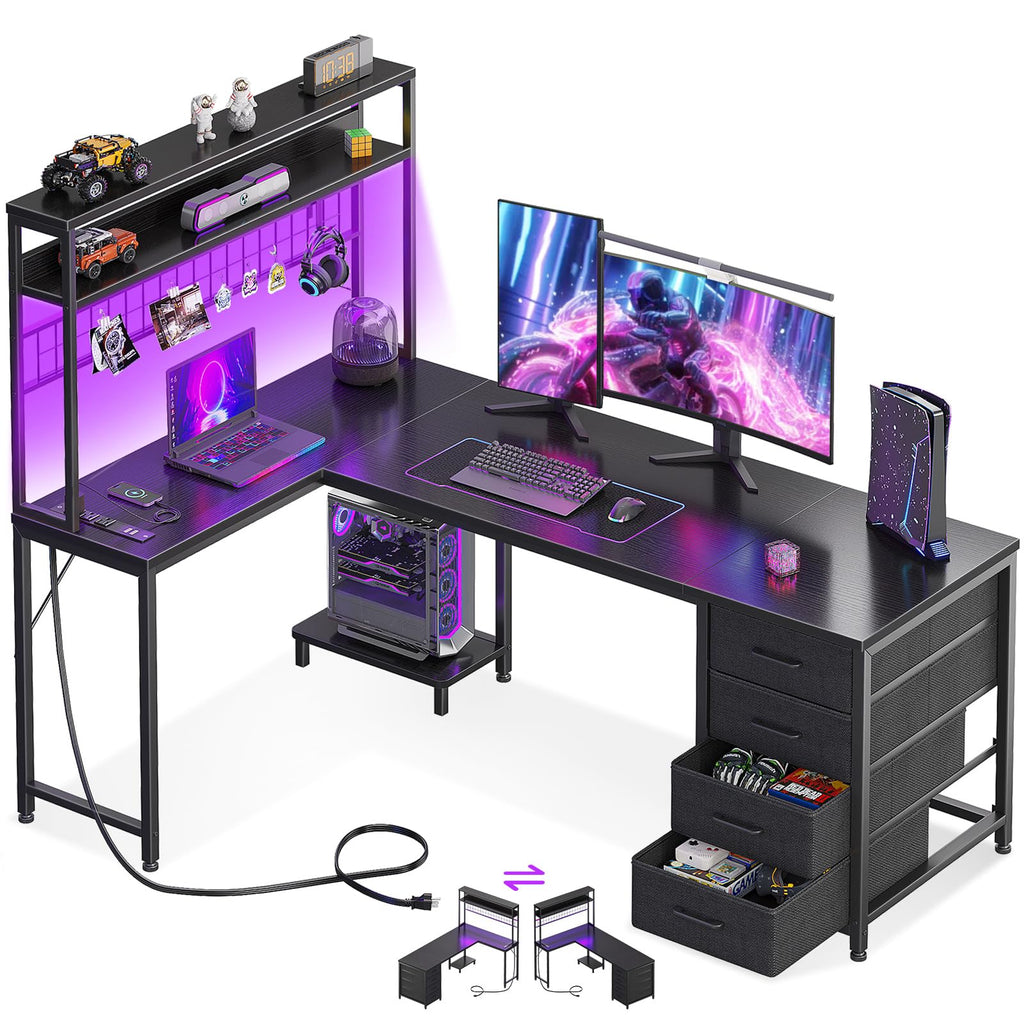 AODK L Shaped Desk Gaming Desk with LED Light & Power Outlet, 53 Inch Reversible L Shaped Computer Table with Shelf & Storage Bag & Hook for Home Office, Black