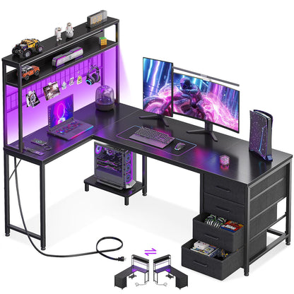 AODK L Shaped Desk Gaming Desk with LED Light & Power Outlet, 53 Inch Reversible L Shaped Computer Table with Shelf & Storage Bag & Hook for Home Office, Black