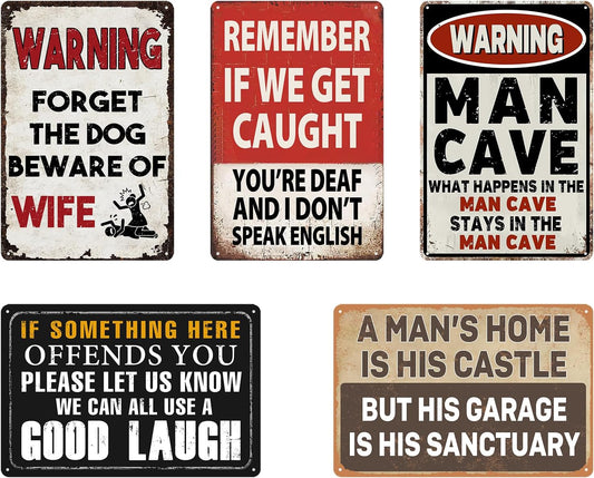 5 Pack Funny Man Cave Decor Vintage Garage Metal Tin Signs For Men Bar Signs For Home Bar Motorcycle Accessories Funny Room Decor For Men Work Shop Accessories Basement Mancave Decor Sign 8x12 Inch