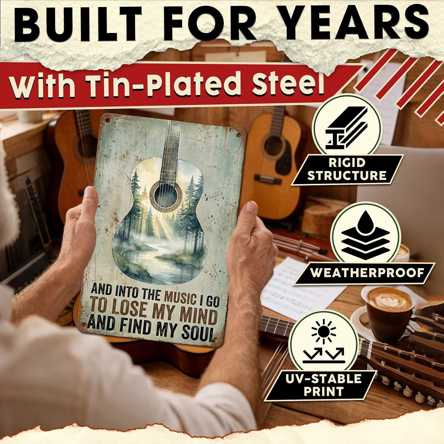 Acoustic Guitar Metal Tin Sign Nature Scenery Music Decor Vintage Wall Art Gift for Guitar Player Camping Lover 8x12Inch