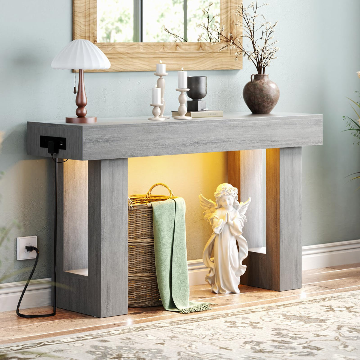 Unikito 47" Entryway Table with Socket and Sensor Light, Narrow Console Table with Storage Behind Couch, Farmhouse Entry Way Tables with Open Storage for Entrance/Hallway/Living Room, Natural Oak