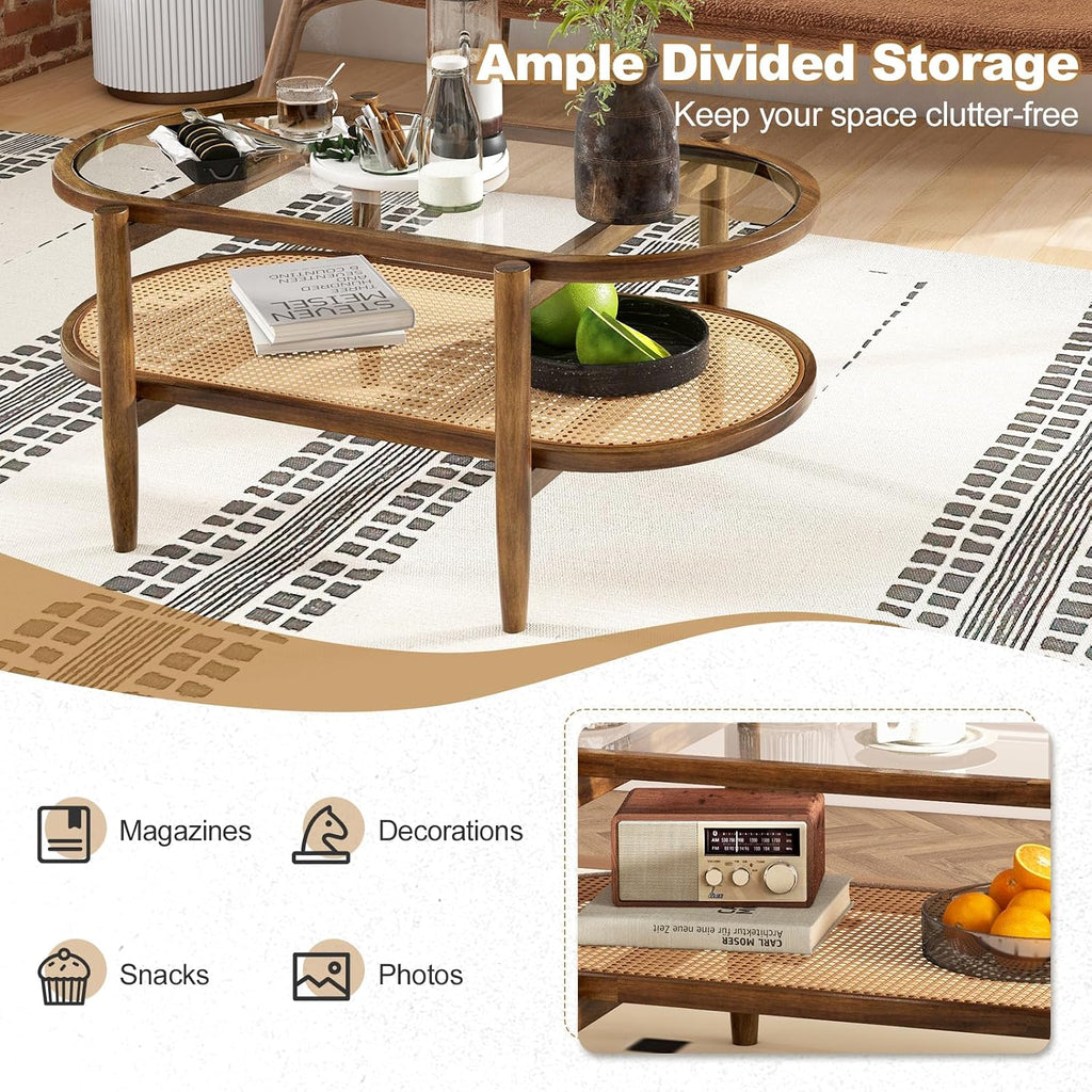 Giantex Rattan Coffee Table, 2-Tier Oval Acacia Wood Tea Table w/Tempered Glass Tabletop & PE Rattan Storage Shelf, Boho Cocktail Tables, Mid Century Modern Center Table for Living Room Office, Brown