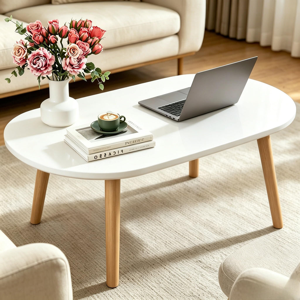 FAMIDGE Coffee Table, 23.6" Small Oval Coffee Tables for Small Space with 4 Solid Wood Leg, Floor Table Desk for Sitting on The Floor, Side Table Japanese Low Table for Living Room Apartment, Brown