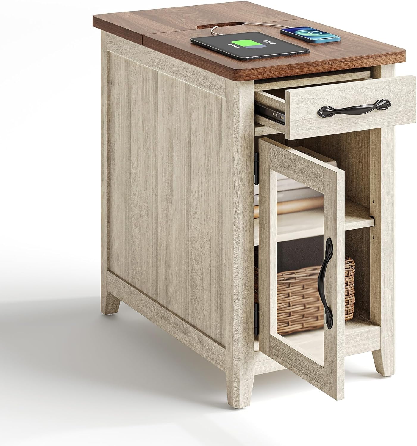 LINSY HOME End Table with Charging Station, Modern Farmhouse Wooden Side Table with Drawer, Detachable Holder, Extra Storage & Display Space, for Living Room and Bedroom, Glass Door, Washed Grey