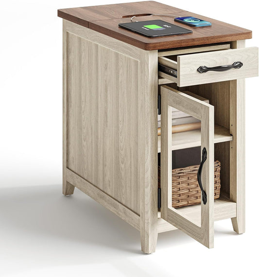 LINSY HOME End Table with Charging Station, Modern Farmhouse Wooden Side Table with Drawer, Detachable Holder, Extra Storage & Display Space, for Living Room and Bedroom, Glass Door, Washed Grey