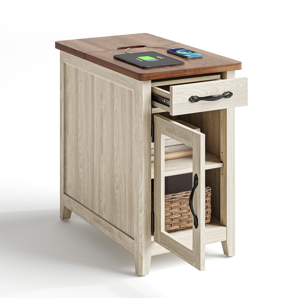 LINSY HOME End Table with Charging Station, Modern Farmhouse Wooden Side Table with Drawer, Detachable Holder, Extra Storage & Display Space, for Living Room and Bedroom, Glass Door, Washed Grey