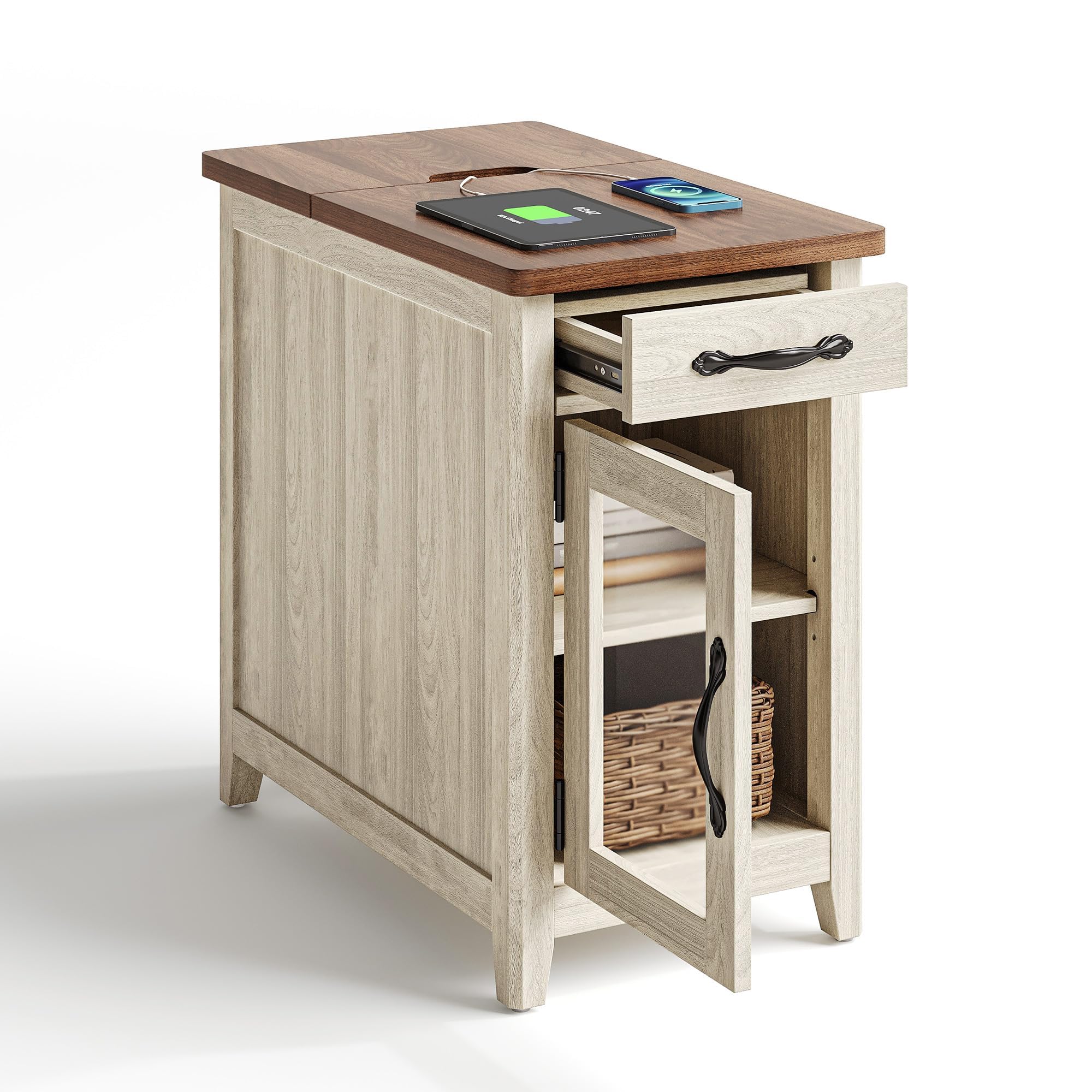 LINSY HOME End Table with Charging Station, Modern Farmhouse Wooden Side Table with Drawer, Detachable Holder, Extra Storage & Display Space, for Living Room and Bedroom, Glass Door, Washed Grey