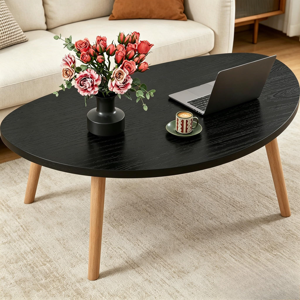 FAMIDGE Coffee Table, 23.6" Small Oval Coffee Tables for Small Space with 4 Solid Wood Leg, Floor Table Desk for Sitting on The Floor, Side Table Japanese Low Table for Living Room Apartment, Brown