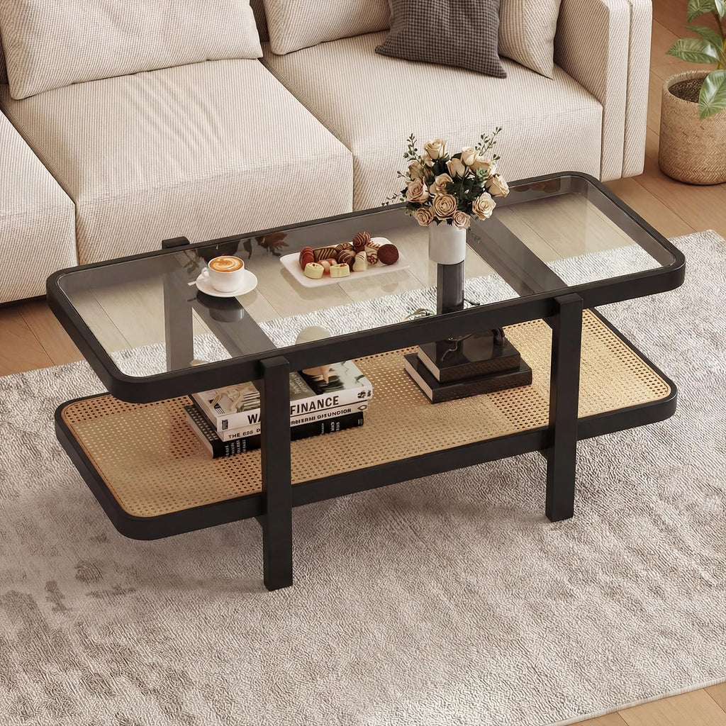 Giantex Rattan Coffee Table, 2-Tier Oval Acacia Wood Tea Table w/Tempered Glass Tabletop & PE Rattan Storage Shelf, Boho Cocktail Tables, Mid Century Modern Center Table for Living Room Office, Brown