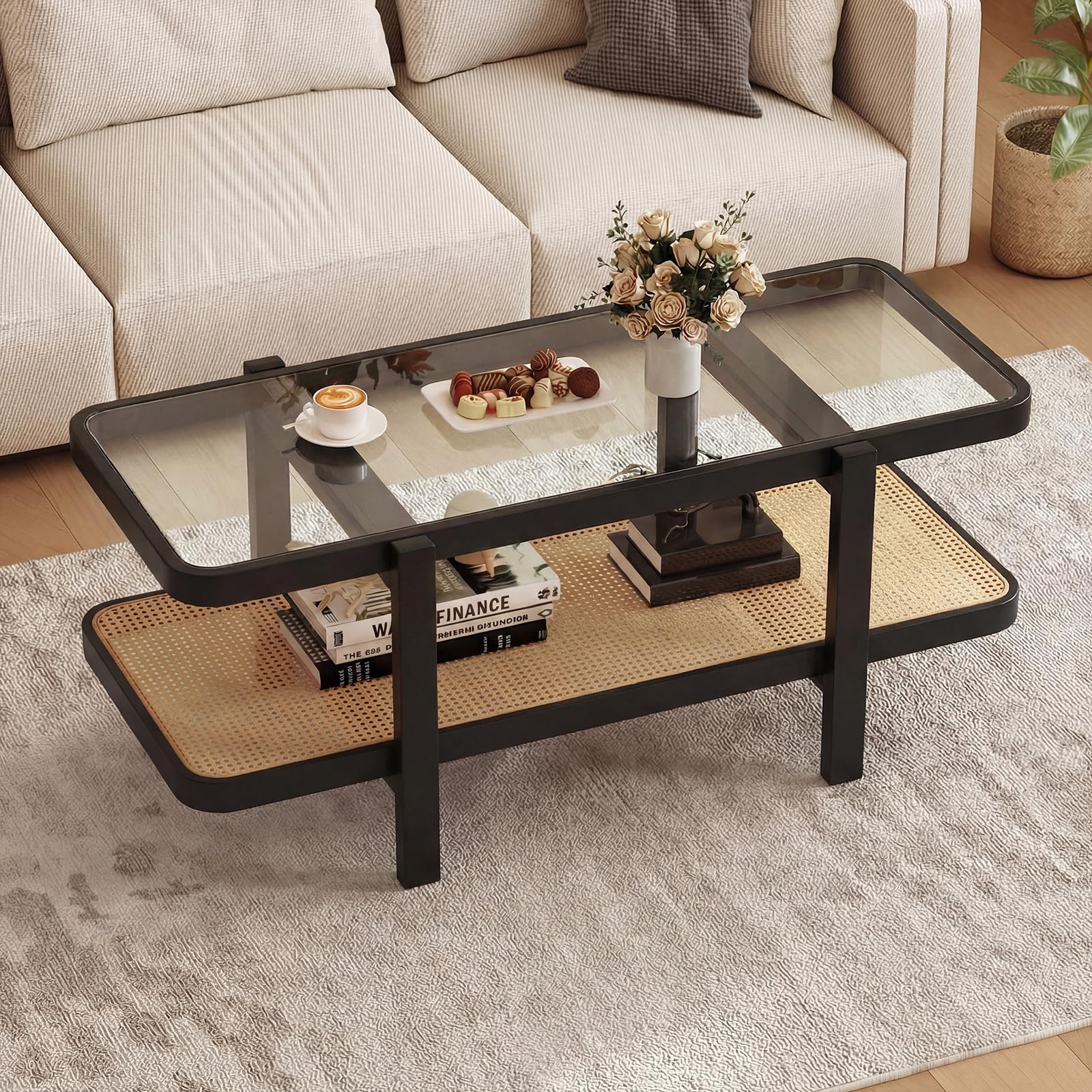 Giantex Rattan Coffee Table, 2-Tier Oval Acacia Wood Tea Table w/Tempered Glass Tabletop & PE Rattan Storage Shelf, Boho Cocktail Tables, Mid Century Modern Center Table for Living Room Office, Brown