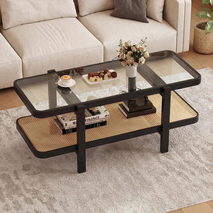Giantex Rattan Coffee Table, 2-Tier Oval Acacia Wood Tea Table w/Tempered Glass Tabletop & PE Rattan Storage Shelf, Boho Cocktail Tables, Mid Century Modern Center Table for Living Room Office, Brown