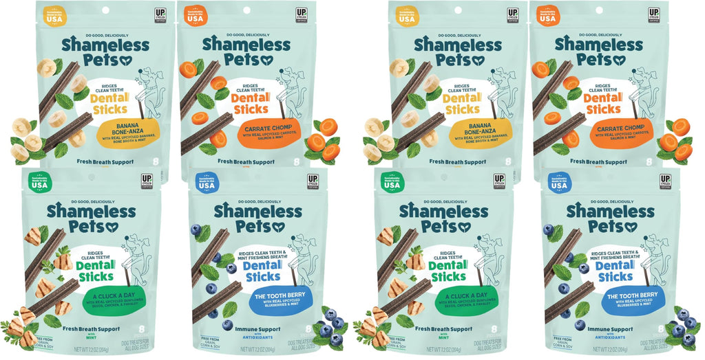 Shameless Pets Blueberry & Mint Dental Chews for Dogs, 8 Chews - Natural Dog Teeth Cleaning Treats with Fresh Breath Benefits | Grain-Free Dental Sticks for Small, Medium & Large Dogs