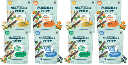 Shameless Pets Blueberry & Mint Dental Chews for Dogs, 8 Chews - Natural Dog Teeth Cleaning Treats with Fresh Breath Benefits | Grain-Free Dental Sticks for Small, Medium & Large Dogs