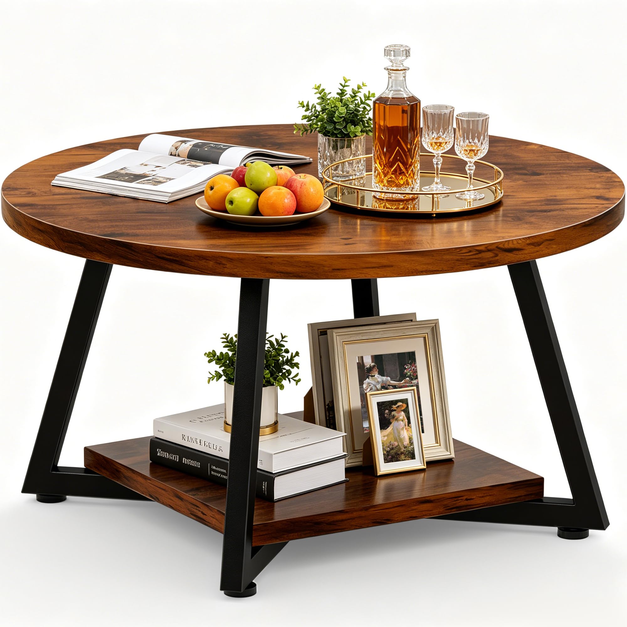 FAMIDGE Coffee Table, 23.6" Coffee Tables for Living Room, Round Coffee Table with Metal Frame, Floor Table for Sitting on The Floor, Home, Office, Black
