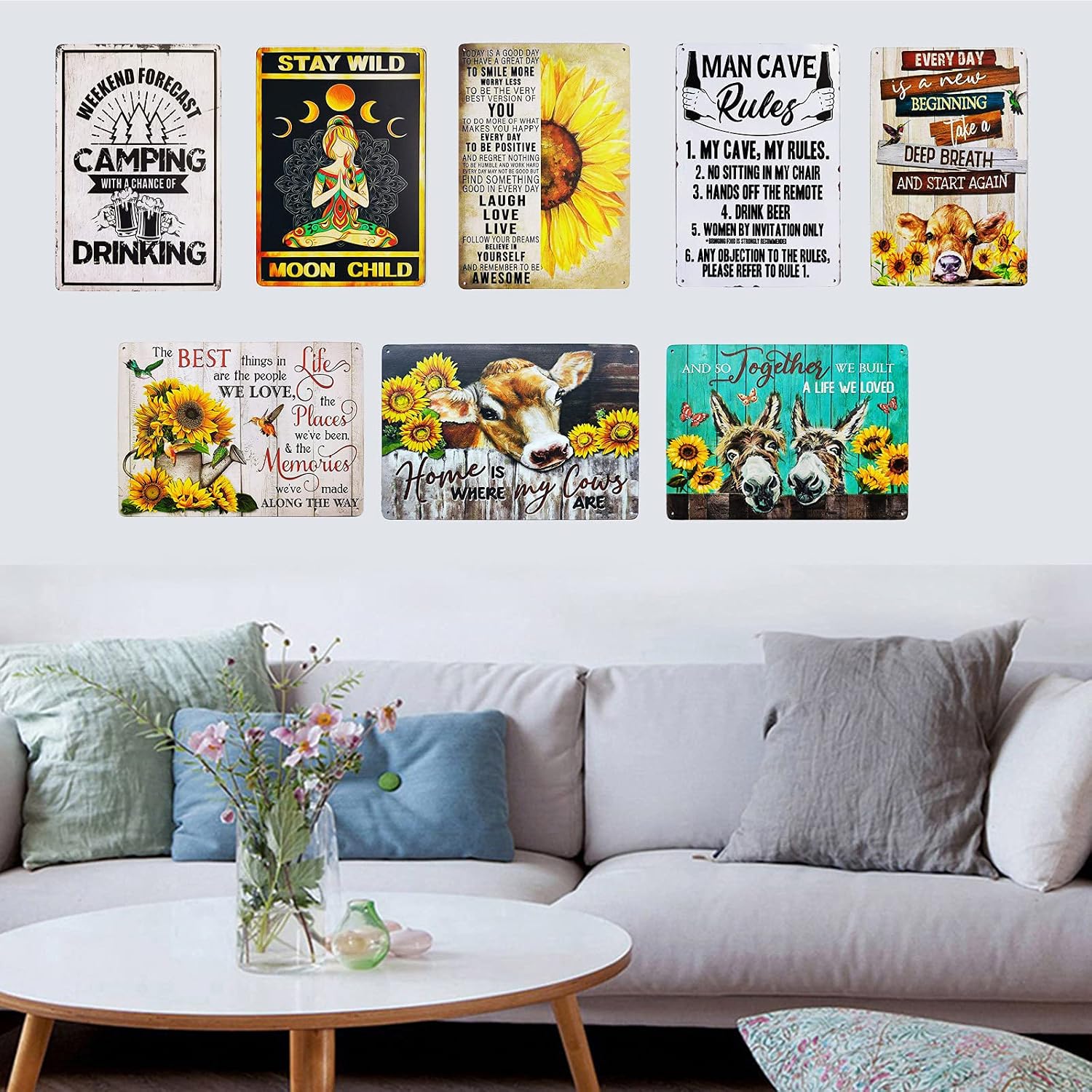 Vintage Sunflower Tin Signs Birds And Butterfly Funny Inspiration Quotes Farmhouse Home Wall Decor Metal Signs 8X12 Inch