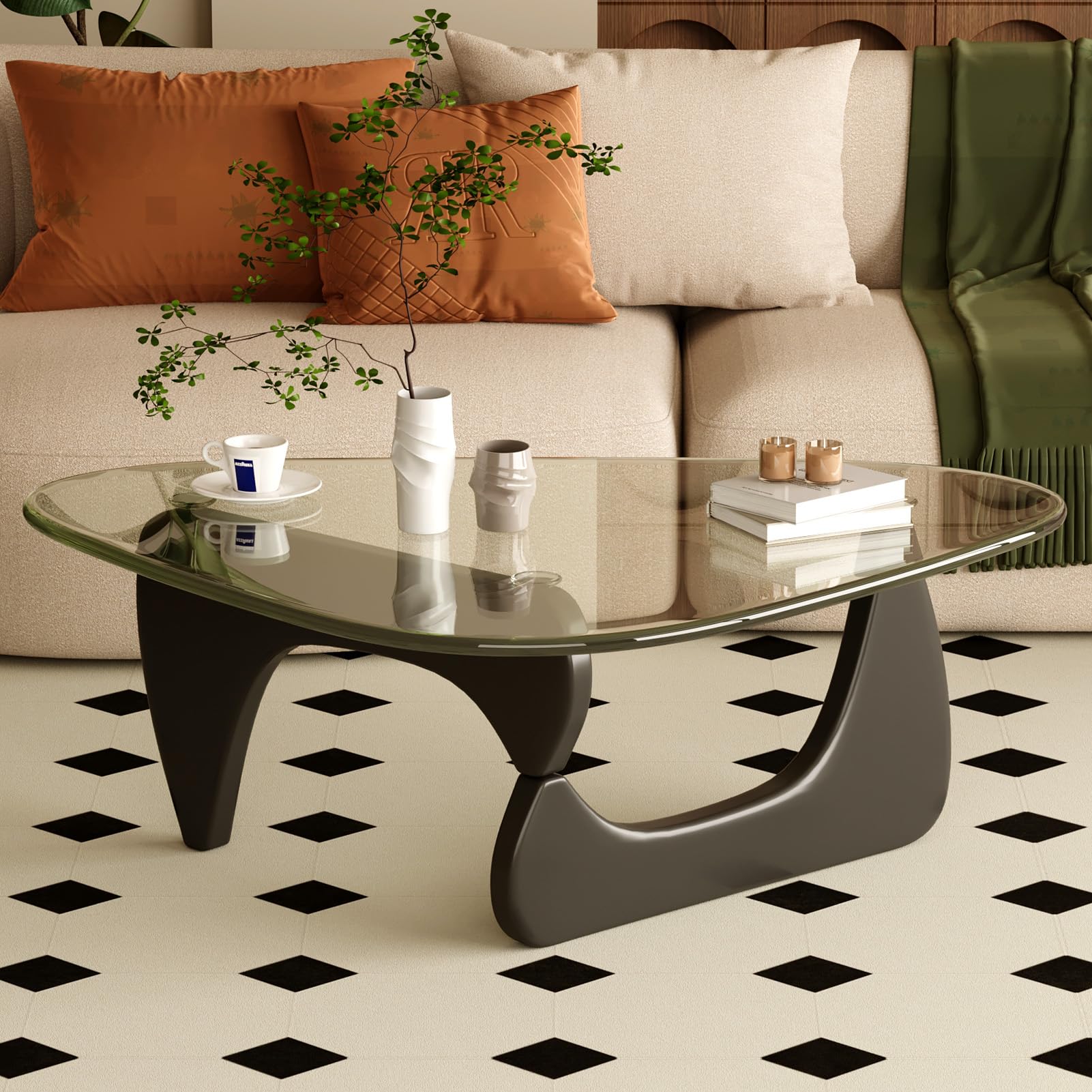 Coffee Table for Living Room Mid Century Modern Center Table with Glass Top and Wood, 36 Inch, Brown/Walnut