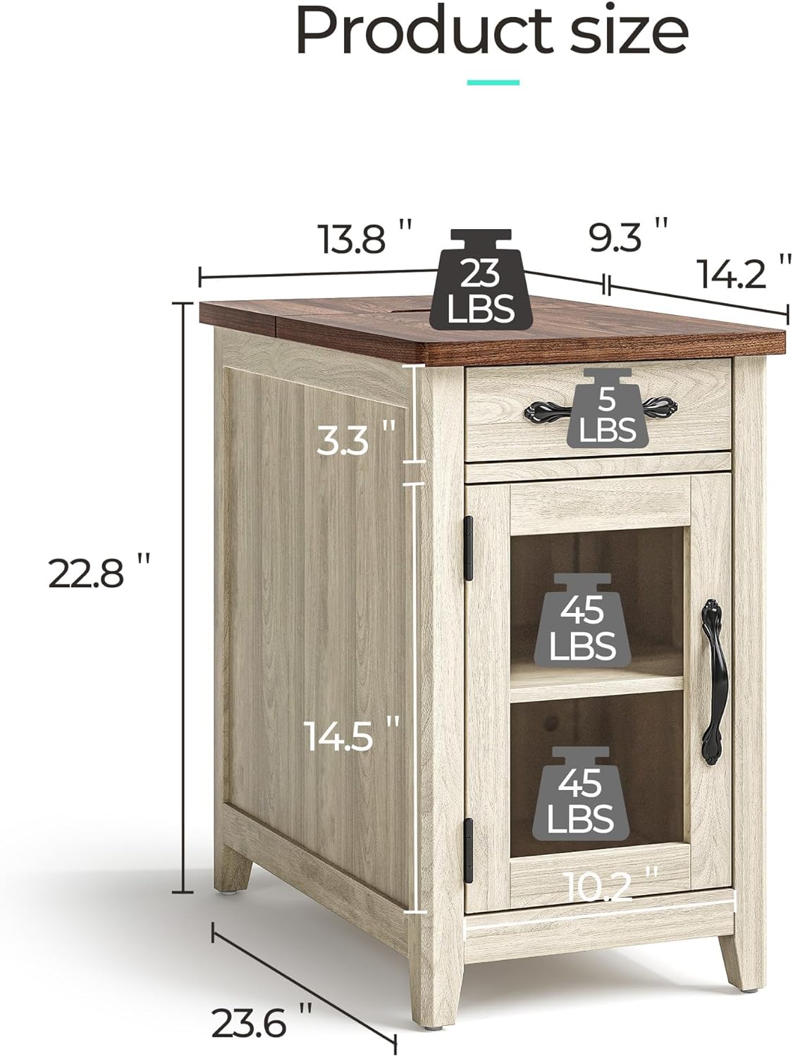 LINSY HOME End Table with Charging Station, Modern Farmhouse Wooden Side Table with Drawer, Detachable Holder, Extra Storage & Display Space, for Living Room and Bedroom, Glass Door, Washed Grey