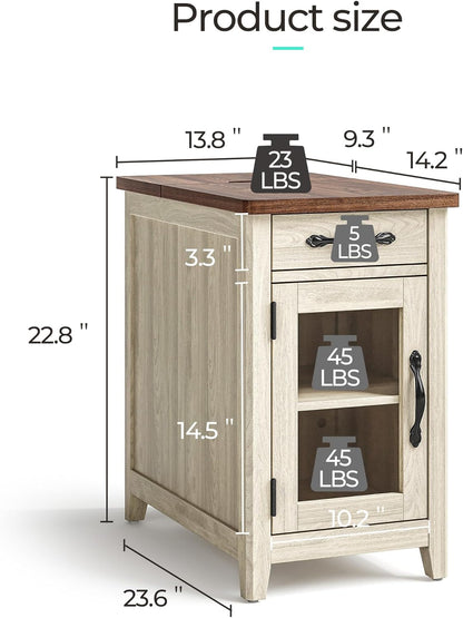 LINSY HOME End Table with Charging Station, Modern Farmhouse Wooden Side Table with Drawer, Detachable Holder, Extra Storage & Display Space, for Living Room and Bedroom, Glass Door, Washed Grey