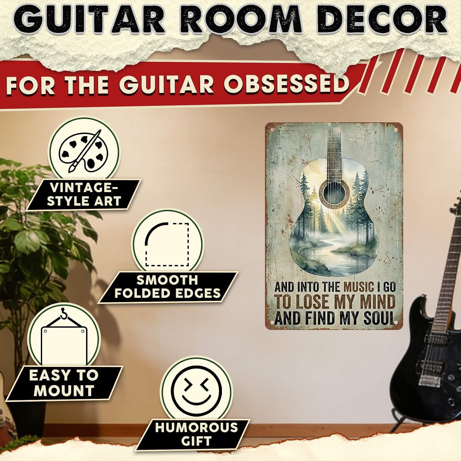 Acoustic Guitar Metal Tin Sign Nature Scenery Music Decor Vintage Wall Art Gift for Guitar Player Camping Lover 8x12Inch