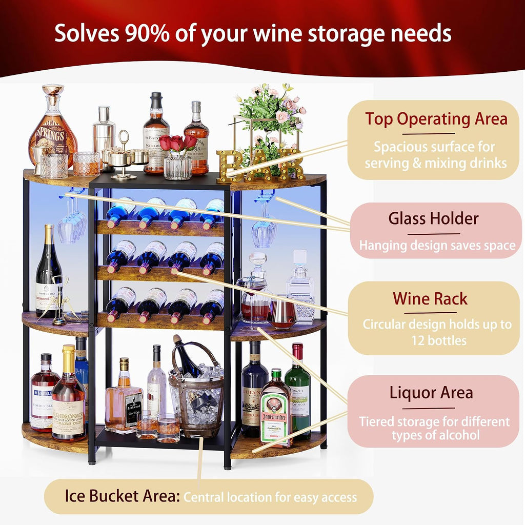 JKsmart Small Wine Bar Cart with LED Lights, Mini Wine Rack with Storage and Glass Holder, Home Bar Cart for Liquor, 3-Tier Bar Table for Kitchen, Dining Room, Living Room, Rustic Brown