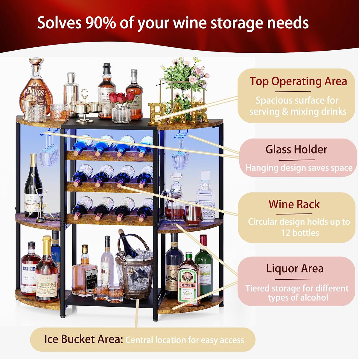 JKsmart Small Wine Bar Cart with LED Lights, Mini Wine Rack with Storage and Glass Holder, Home Bar Cart for Liquor, 3-Tier Bar Table for Kitchen, Dining Room, Living Room, Rustic Brown