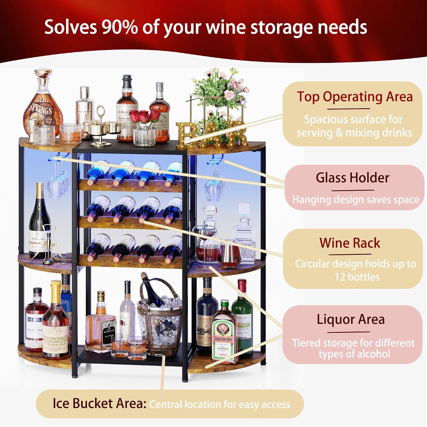 JKsmart Small Wine Bar Cart with LED Lights, Mini Wine Rack with Storage and Glass Holder, Home Bar Cart for Liquor, 3-Tier Bar Table for Kitchen, Dining Room, Living Room, Rustic Brown