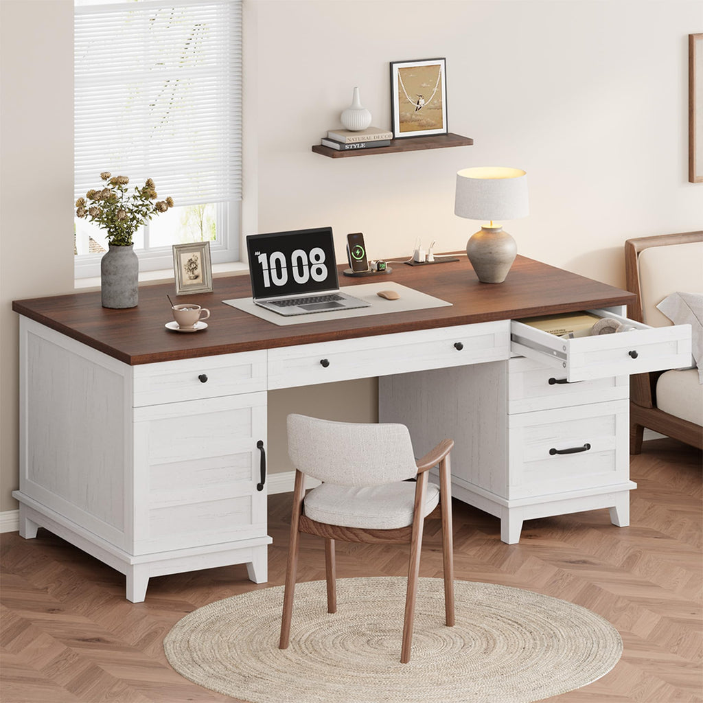 Garvee 53.5" Wooden Home Office Desk with File Drawers, Executive Desk with Power Outlet, Farmhouse Wood Desk with Storage, Distressed Study and Work Table, Rustic Grey