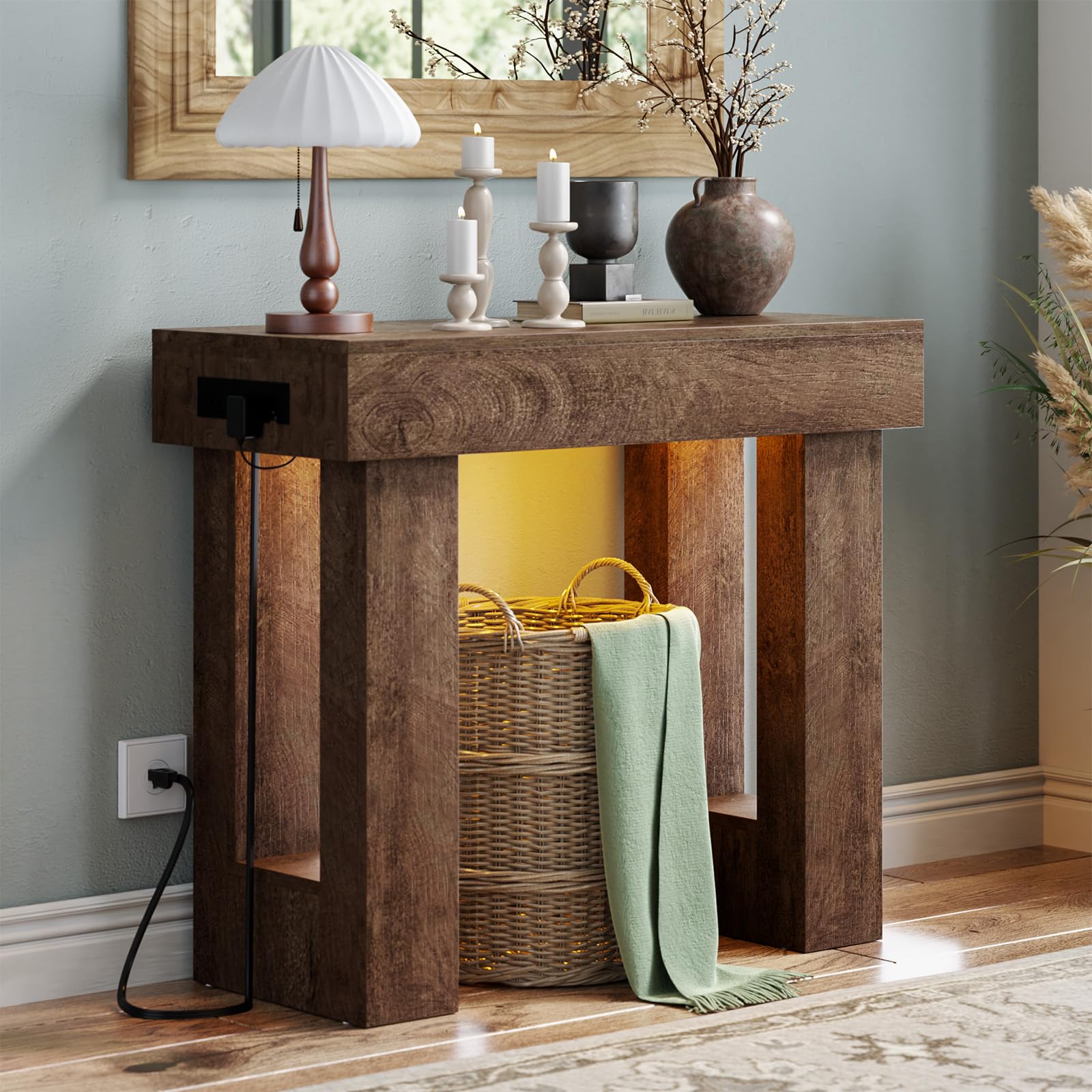 Unikito 47" Entryway Table with Socket and Sensor Light, Narrow Console Table with Storage Behind Couch, Farmhouse Entry Way Tables with Open Storage for Entrance/Hallway/Living Room, Natural Oak
