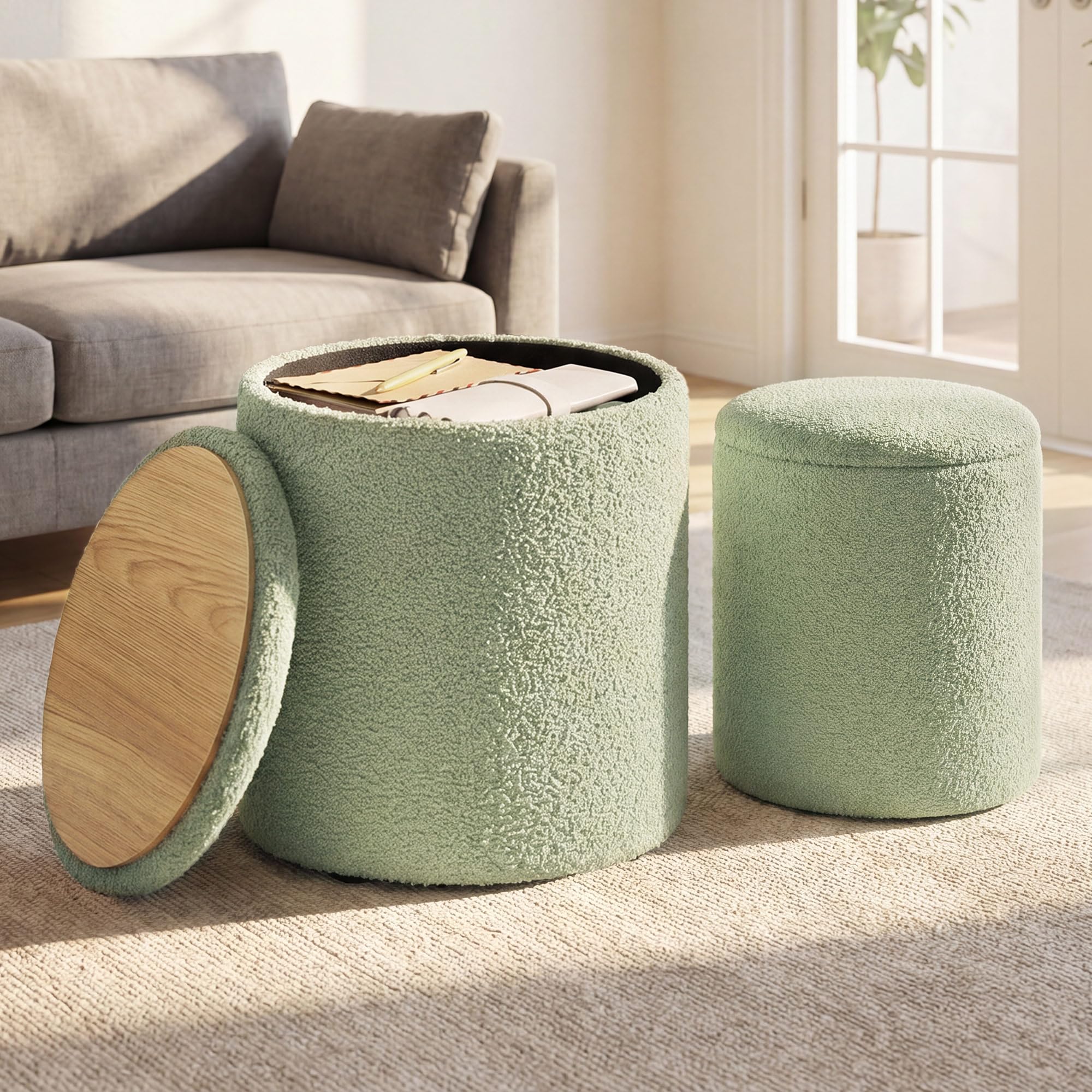 SONGMICS Vanity Stool, Set of 2, Round Storage Ottoman, Small Ottoman Coffee Table, Foot Stool, Removable Lid, for Living Room, Bedroom, Hallway, Easy Assembly, Teddy Fleece, Cream White ULOM013WD01