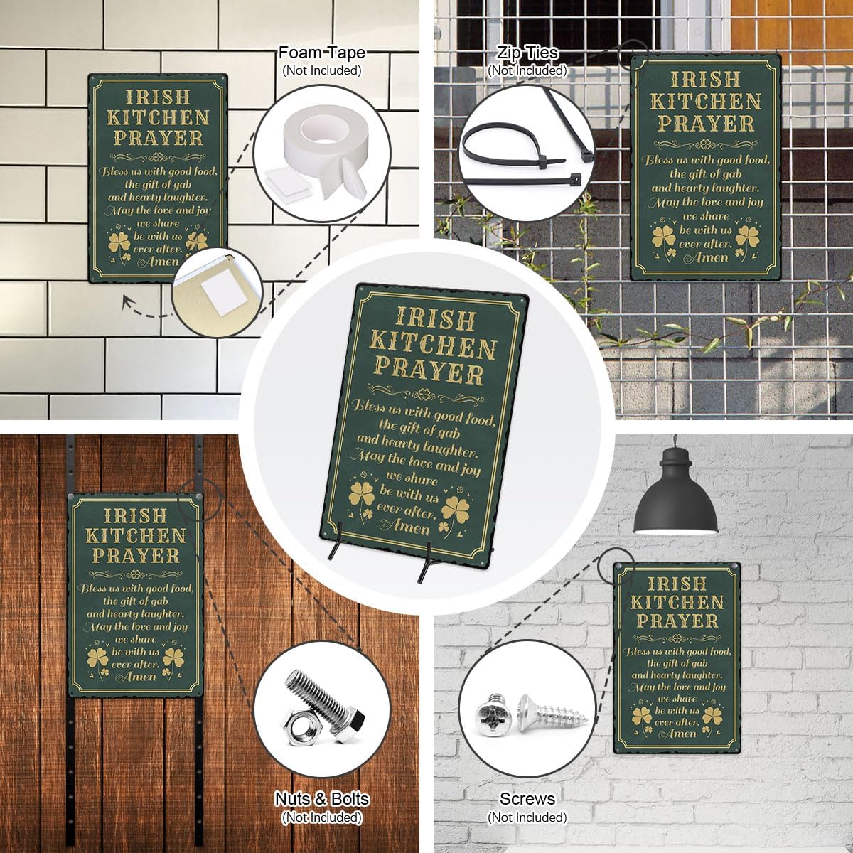 Irish Kitchen Prayer Tin Sign St Patricks Day Metal Signs Decor Green Shamrock Print Poster Wall Art Lucky House Vintage Decorations Hanging Plaque for Home Kitchen Garden Yard Farmhouse 12x8 Inch