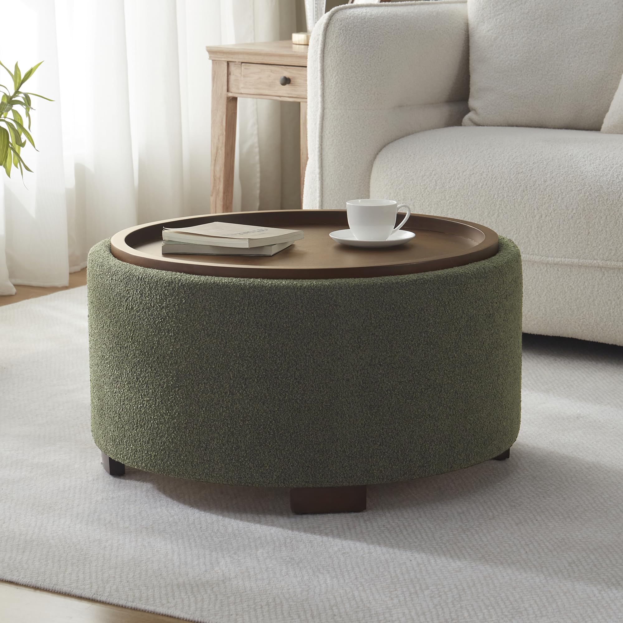 Zihanhome 30 Inch Round Storage Ottoman Coffee Table, Modern Boucle Ottoman with Lift-Off Lid and Solid Wood Legs for Living Room, Bedroom, Corners, Apartments (Beige)
