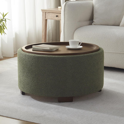 Zihanhome 30 Inch Round Storage Ottoman Coffee Table, Modern Boucle Ottoman with Lift-Off Lid and Solid Wood Legs for Living Room, Bedroom, Corners, Apartments (Beige)
