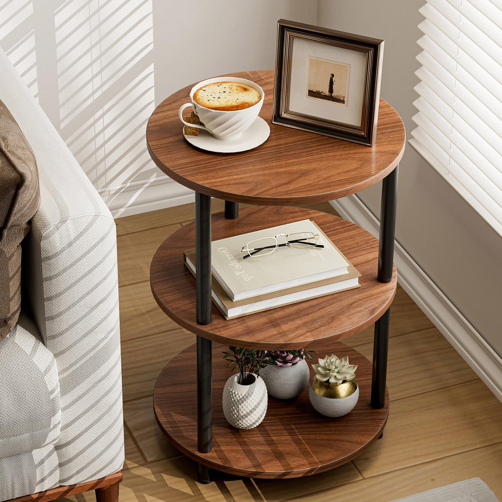 XBurmo Small Round Coffee Table - 3 Tier Design Accent Table, Narrow Side or Bedside Stand, Industrial Vintage Nightstand for Bedroom, Living Room, or Small Spaces, Rustic Brown