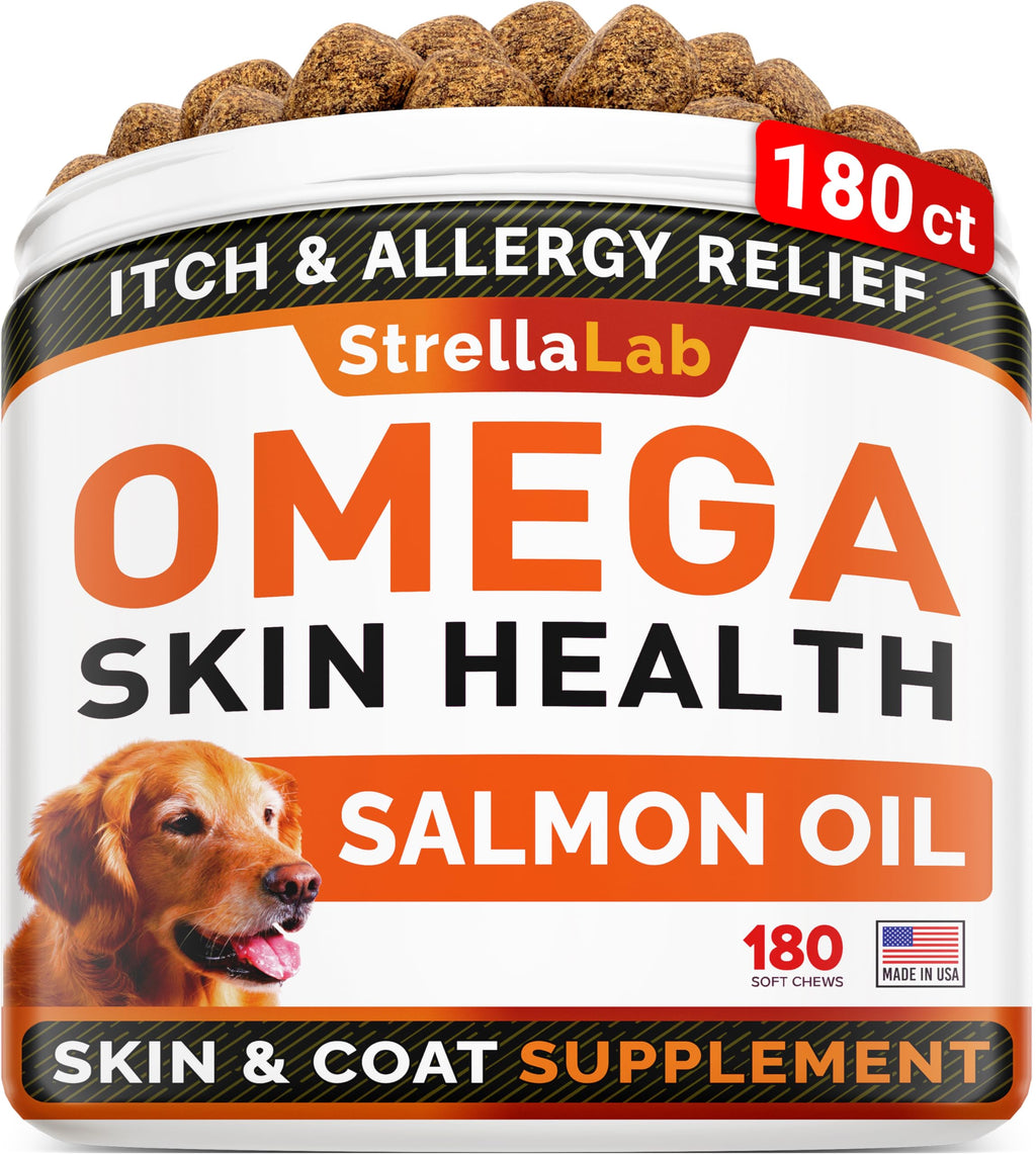StrellaLab Omega 3 for Dogs - (180Ct) Fish Oil Treats - Allergy & Itch Relief Skin & Coat Supplement - Dry Itchy Skin, Anti Shedding & Hot Spots Treatment - Pet Salmon Oil Chews - Chicken Flavor