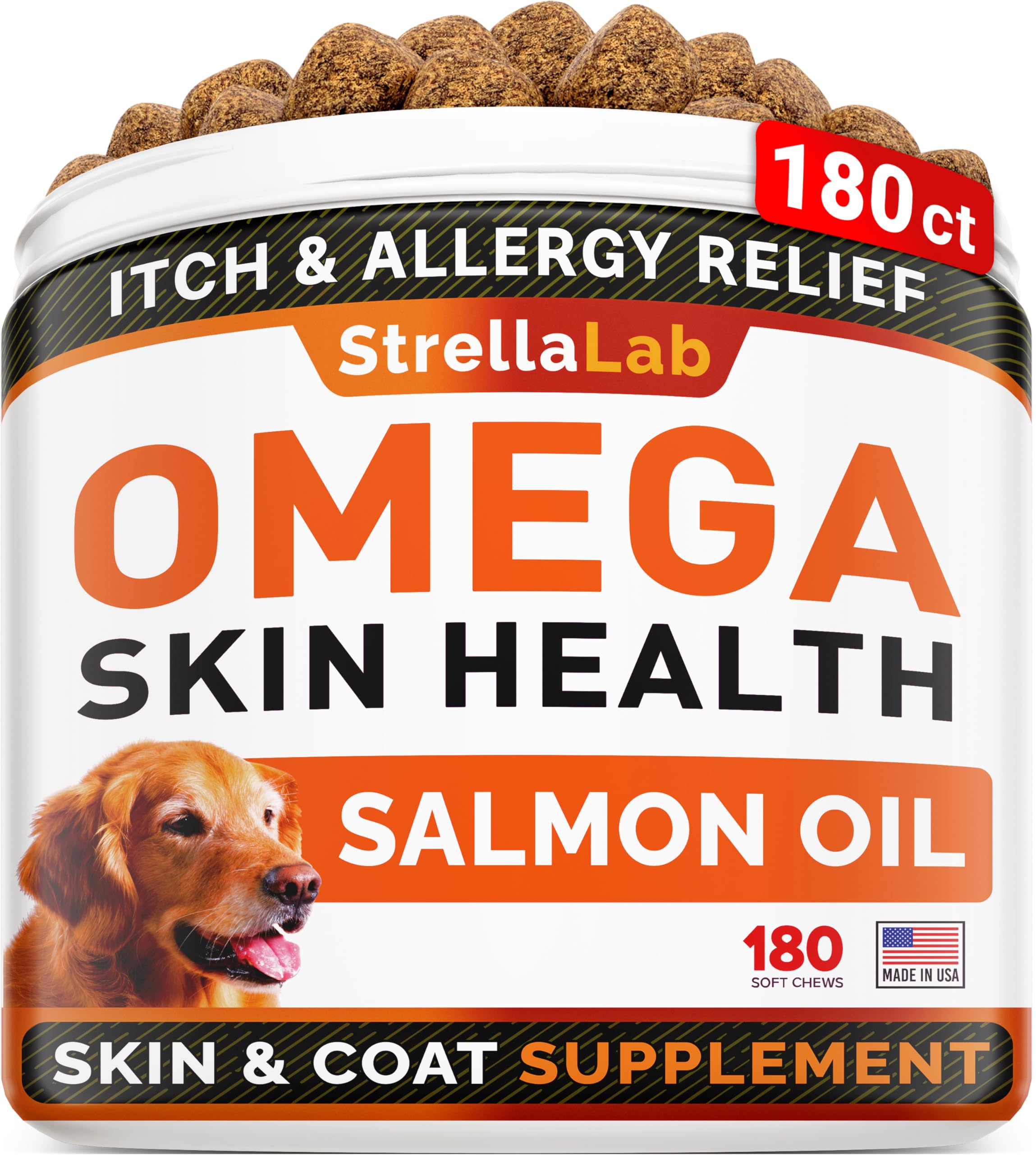 StrellaLab Omega 3 for Dogs - (180Ct) Fish Oil Treats - Allergy & Itch Relief Skin & Coat Supplement - Dry Itchy Skin, Anti Shedding & Hot Spots Treatment - Pet Salmon Oil Chews - Chicken Flavor