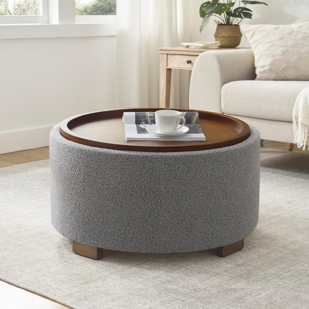 Zihanhome 30 Inch Round Storage Ottoman Coffee Table, Modern Boucle Ottoman with Lift-Off Lid and Solid Wood Legs for Living Room, Bedroom, Corners, Apartments (Beige)