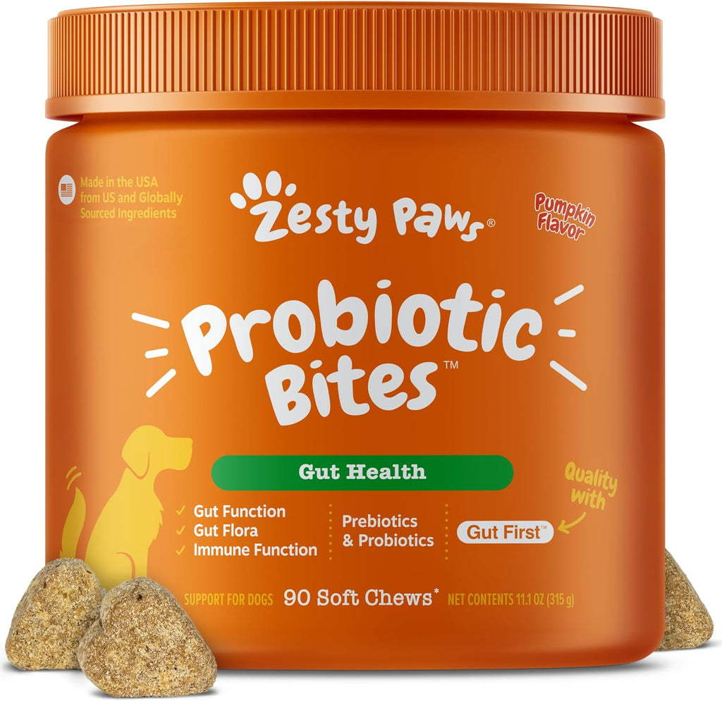Zesty Paws Probiotics for Dogs - Digestive Enzymes for Gut Flora, Digestive Health, Diarrhea & Bowel Support - Clinically Studied DE111 - Dog Supplement Soft Chew for Pet Immune System - Pumpkin, 90ct