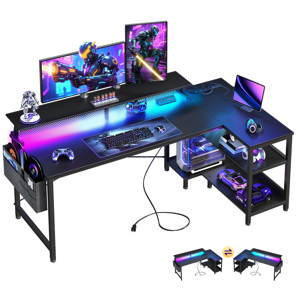 ODK 48 Inch Gaming Desk with USB Charging Ports and LED Lights, Reversible L Shaped Computer Desk with Storage Shelves & Monitor Stand, Corner Gamer Desk Table with Power Outlets, Black