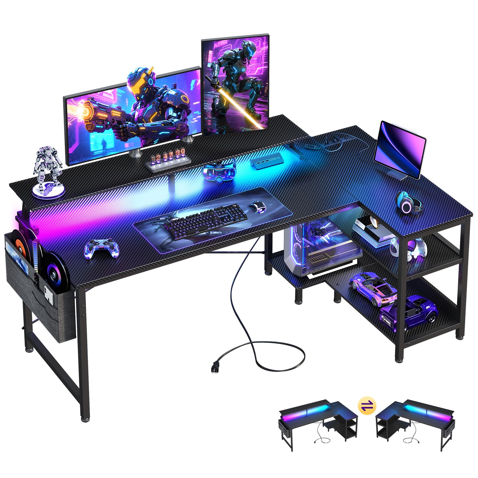ODK 48 Inch Gaming Desk with USB Charging Ports and LED Lights, Reversible L Shaped Computer Desk with Storage Shelves & Monitor Stand, Corner Gamer Desk Table with Power Outlets, Black