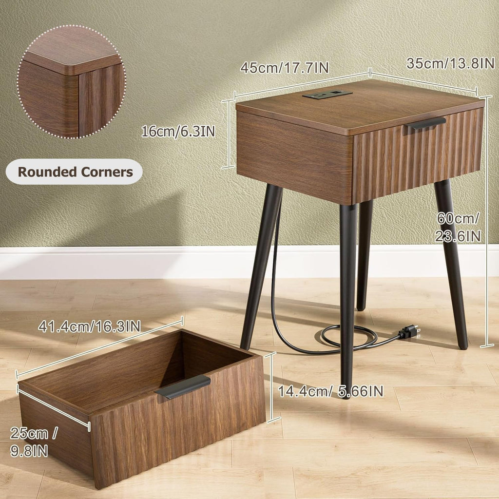 HAIOOU Set of 2 Mid Century Nightstand with Charging Station, End Table Modern Side Table One Drawer with Premium Matte Black Handle and Pine Wood Legs for Home Bedroom Living Room