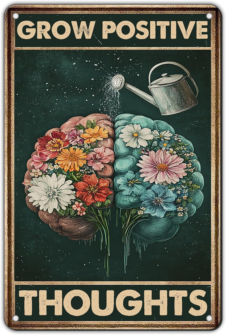 KIYOYO Vintage Tin Metal Sign Poster Grow Positive Thoughts Vintage Poster Flower Head Girl Poster Mental Health Poster Motivational Poster Emotions Poster Vintage Wall Home Decor 8x12 Inch